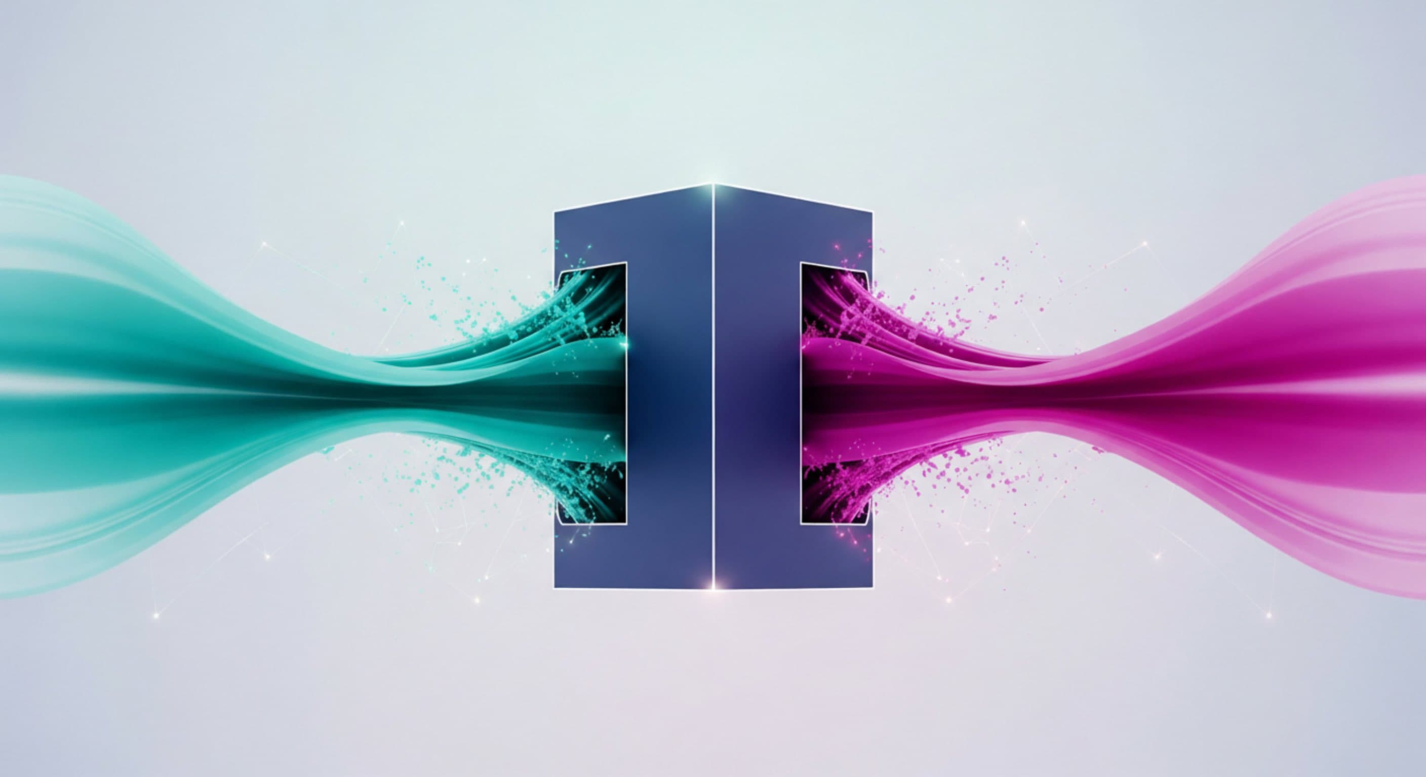 Abstract teal and magenta data flows converging through a structured core